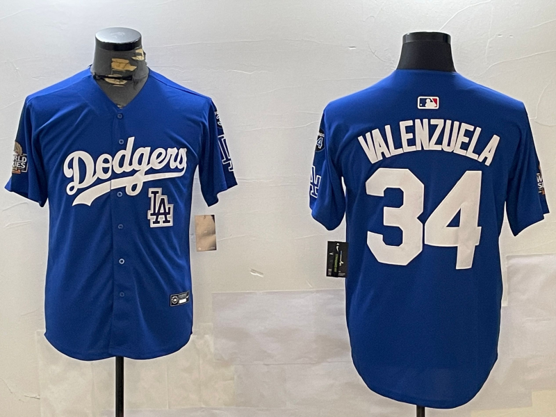 Men Los Angeles Dodgers 34 Valenzuela 2024 World series patch blue jersey 20241120120